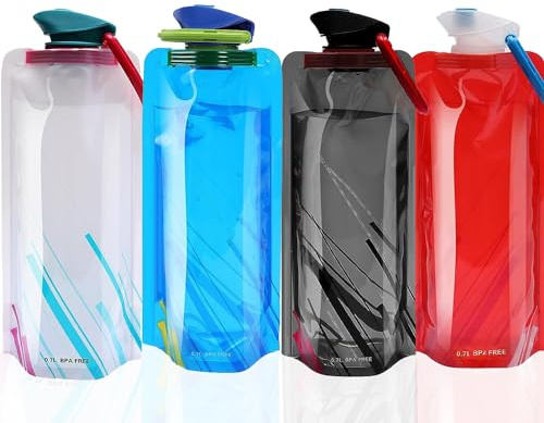 EMITUOFO Faltbare Trinkflasche, 4 Stück Trinkbeutel Wiederverwendbare Wasserflaschen mit Schraubverschluss Nimmt Kein Volumen Ein Flexible Wasser Tasche zum Wandern,Abenteuer,Reisen