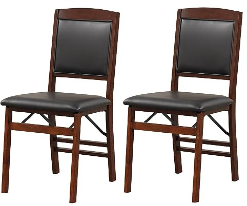 GiantexUK Folding Dining Chairs Set of 2/4, Upholstered Kitchen Chairs with Rubber Wood Legs, Padded Seat and Backrest, PVC Leather Side Seating for Dining Living Room (2, Black+Brown, 43 x 55 x 87cm) | Upholstered Kitchen Chairs with Rubber Wood Legs, Padded Seat and Backrest, PVC Leather Side Seating for Dining Living Room