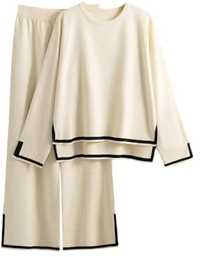 tinetill Completo da jogging causale in 2 pezzi da donna completo da salotto maglione lavorato a maglia pantaloni a gamba larga completo sportivo tuta da ginnastica set da casa alla moda