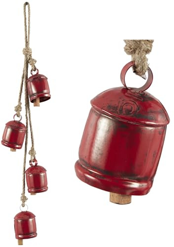 Deco 79 Dekorative Kuhglocken aus Metall, tibetisch, mit 4 Glocken am Juteseil, 10,2 x 7,6 x 73,7 cm, Rot