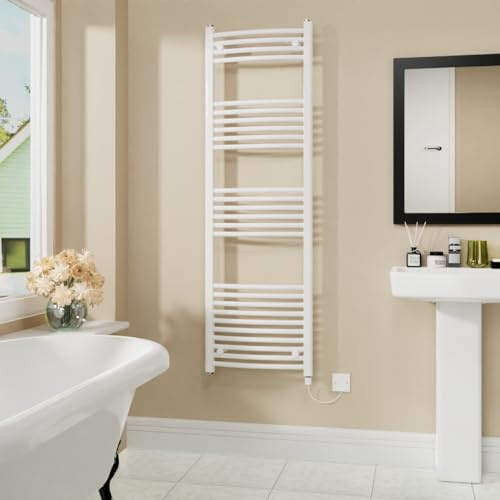Warmehaus Electric Heated Towel Rail Curved White 1600x500mm - 800W | Prefilled, Bathroom Towel Radiator, Towel Warmer, Wall Mounted, Mild Steel, Energy Efficient