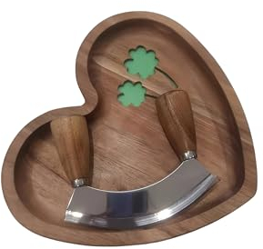 ULU Messer und 25,4 cm herzförmige Schneidschüssel für romantische Kochzeit, Überraschungsherz, Serviertablett mit Glückskleeblatt-Symbol, Mezzaluna-Schneider mit Holz-Schneidebrett