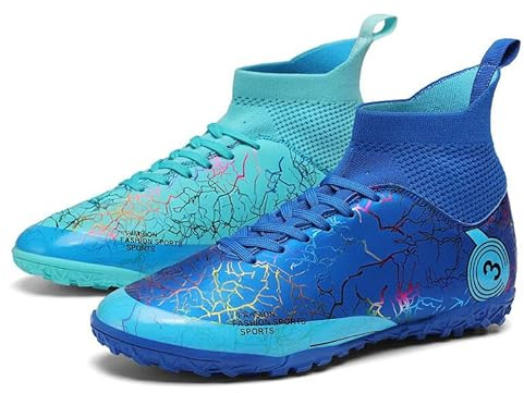 VTASQ Pojkar och flickor fotbollsskor barn Astro turf träningsskor junior fotbollsskor inomhus utomhus atletiska sneakers halkfria unisex [9, 10, 11, 12, 13] UK storlek, Blå turkos, 32 EU