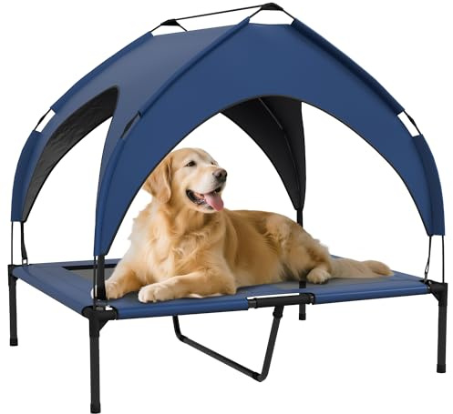 PawHut Cooling Raised Dog Bed w/Breathable Mesh, for M, L Dogs - Dark Blue | Elevated Pet Bed, Breathable Mesh, UV Protection Canopy, Foot Pads, for Indoor Outdoor