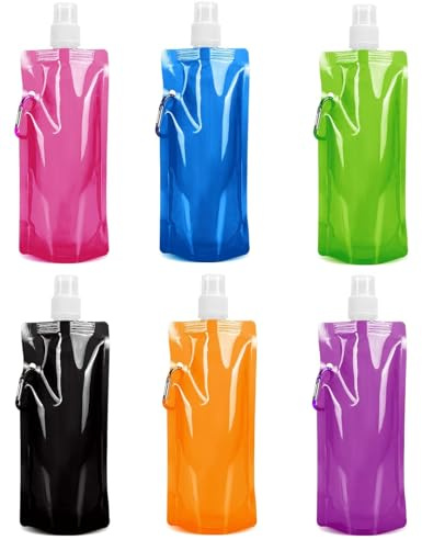 Funklu Faltbare Flexible Wasserflasche 6 pcs 480ML Wiederverwendbare Wasser-Flaschen tragbarer zusammenklappbarer Wassersack mit Karabinerhaken Schraubverschluss zum Wandern Abenteuer Reisen