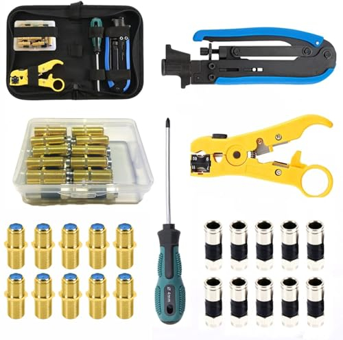 Gaobige Coax Cable Crimper Tool Kit, Coaxial Compression Tool for rg6 rg59 rg11, Wire Stripper, 10pcs RG6 F Male and Female Connectors, Screwdriver