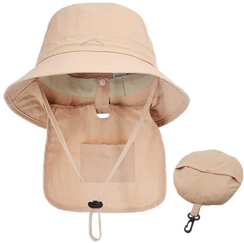 WANYI Sonnenhut Damen Herren mit Nackenklappe UV-Schutz Faltbar Sommerhut Fischerhut Wasserdicht Schnell Trocken Boonie Hut Outdoor Wanderhut Regenhut Safari Hut 55-58CM(Beige)