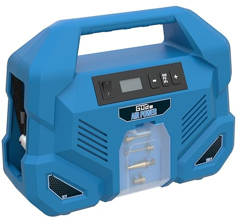 Güde Airpower Dual Drive kompressor 12/230 V/5 st: 150 W, max 8 bar, 20 l/min, olje- och underhållsfri, anslutning 12 V, 230 V, LCD-skärm, luftslang, blå, svart