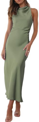 Halfisland Satin, hoher Halsausschnitt, rückenfrei, ärmellos, Midi-Kleider für Damen, elegant, Stehkragen, hohe Taille, gekreuzter Rücken, Cocktailkleid, Salbei, Klein