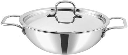 Nobel Platinum Triply Stainless Steel Deep Kadai with Stainless Steel Handled Lid - Wok for Stir Fry Cooking (20 cm Diameter)