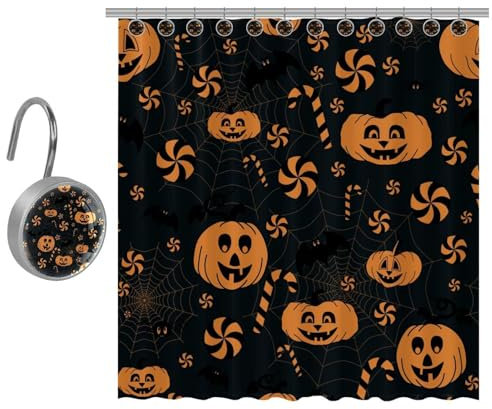 VAPOKF Halloween-Kürbisse, Süßigkeiten-Spinnennetz, Fledermaus-Druck, Duschvorhang-Set aus Polyester, Duschvorhang-Set mit 12 Edelstahl-Haken, rustikaler Bauernhaus-Badezimmer-Duschvorhang, 182 x 182