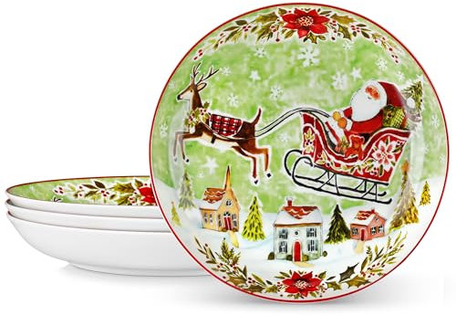 VEWEET, Serie XMAS, Weihnachts-Pastateller 4er Set aus Porzellan mit Weihnachtsmann und Rentier - 1440 ml Suppenteller, Tiefe Teller für Spaghetti, Große Suppenschüssel für Pasta Salat Suppe