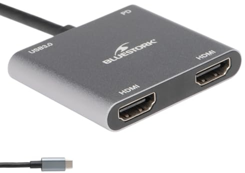 Bluestork - Hub USB C 4 en 1 Power Delivery 100W Double HDMI | Hub USB C 4 en 1, Power Delivery Charge 100W, Double HDMI (2 Écrans Simultanés), USB 3.0, Dock USB C, Compatible Windows