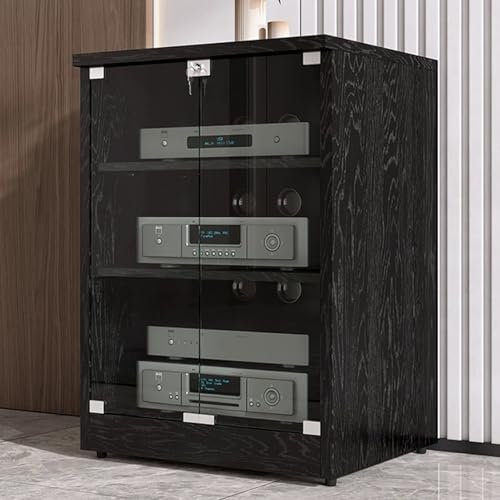 YHWKGZ Audio Rack Hi Fi Regal, Mit Glastüren Modernes Hi Fi Rack, Entertainment-Phonoschrank, Video-Record Player Stand for Spielekonsolen/DVD-Player/Projektoren/TV-Zubehör(Nero,23.6x31.4)