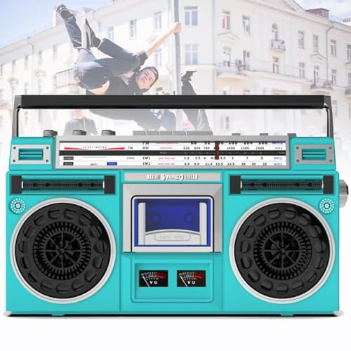 Lecteur de cassettes portable, lecteur de cassettes CD, Boombox Bluetooth rétro des années 80, avec radio AM/FM, prise en charge de l'entrée SD/USB, pour famille, les voyages, la danse de rue,Green