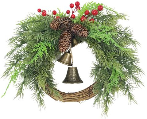 Corona de Navidad artificial para puerta delantera, 18 pulgadas, coronas de Navidad al aire libre con conos de pino artificial, campana roja, base de anillo de ramita, corona de sauce grande de 50 cm