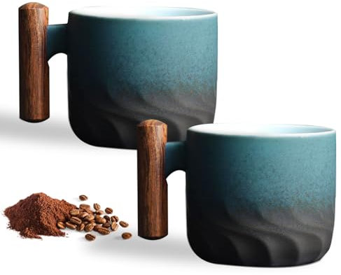 Espressotassen 2er Set (2 x 70 ml) Espressotassen Steingut Kaffeetasse Kaffeebecher aus Keramik Espresso Tassen mit Henkel, Mini Teetasse, Kaffeetasse für Espresso,Tee (2er Set - Blau)