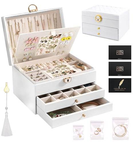 KIMIGO Schmuckkästchen 3 Ebenen,Schmuckaufbewahrung,Schmuckkasten 2 Schubladen,Schmuck Organizer,Schmuckkasten mit Uhrenkissen,mit Schloss und Schlüssel,für Uhren,Ringe Ohrringe Halsketten