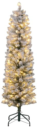 HOMCOM Sapin de Noël Artificiel 150 cm Slim Lumineux Floqué Enneigé Vert