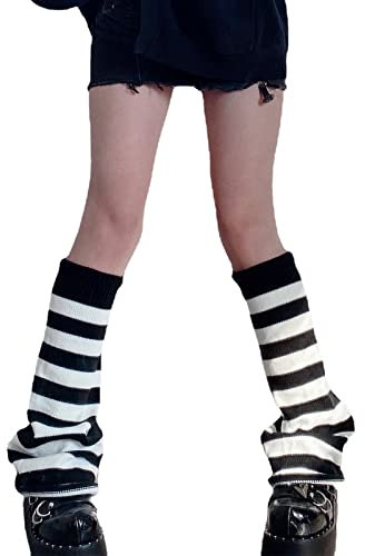 YIZITU Harajuku Beinstulpen für Damen und Mädchen, dunkeles Gothic, gerippt, kontrastfarben, gestreift, breites Bein, ausgestellt, Fußbedeckung, Strümpfe, Schwarz , Length: Approx. 53.5cm