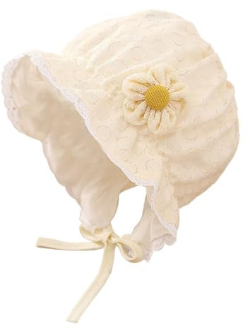 HEOXIN Säugling Baby Mädchen Spitze Sonnenhut, Kleinkind Sommer Strand Sonnenhut mit Blumendekoration, Prinzessin Ohrenschutz Bonnet Cap mit Verstellbarem Kinnriemen für 1-12 Monate, Gelb
