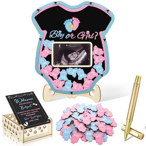 Wenqik 63-teiliges Gästebuch-Alternativen-Set für Babypartys, Dekorationen mit Fotorahmen, Sonogramm-Rahmen, Andenken, 60 Holzscheiben, Gästebuch für Geburtstag