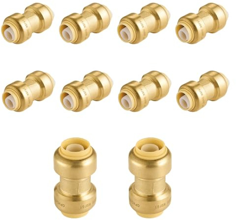 (Pack of 10) Foskan Push Fit Fittings, 1/2 x 1/2 Brass Straight Coupling With Disconnect Clip, Push to Connect PEX, Copper, CPVC Pipes for Pipe Repairs & Projects