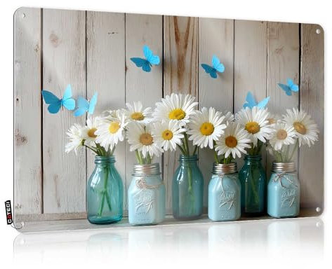Funny Beer Sign Blue Butterflies And Daisy Flowers In Mason Jars Tin Sign Tin Signs For Garage(30X40CM)