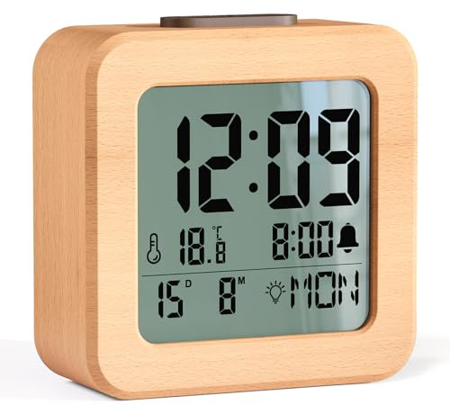 HERMIC Alarm Clock, Wooden Digital Alarm Clock Bedside Battery Powered with Temperature, Date, LCD Backlit, Light Sensor, Snooze, 12/24H, Loud Clock for Heavy Sleepers【3 AAA Battery Included】