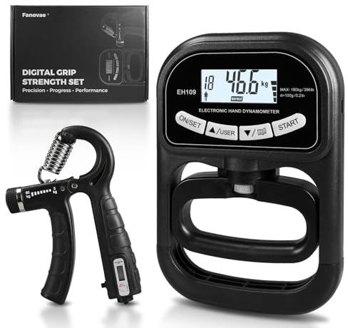 Fanovae Digital Grip Strength Tester & Trainer Set – LCD Hand Dynamometer with 19-User Memory, USB or Battery Powered + Electronic Grip Exerciser with 1-Touch Reset – Fitness Gift for Men