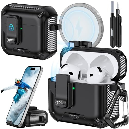 Joremx Magnetiskt Fodral med Telefonstativ (för AirPods 4-Svart) | Automatiskt Magnetiskt Lock & Magnetisk Fästning(för MagSafe),Carbon Fiber design Case, Män&Pojkar,Rengöringspenna(medföljer)