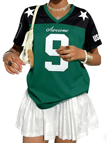 Oversized Jersey for Women - V Neck Football Jerseys Shirt Team Number Y2k Streetwear Tee Tops Green