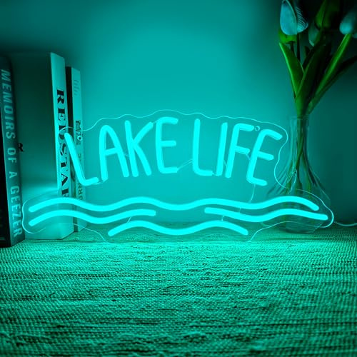 Lake Life Neon Sign Aqua Blue LED Wall Art with Waves Light Gift For Adventurer Summer Vibes Wall Neon Dimmable USB Decor for Lake House, Cabin, or Bar