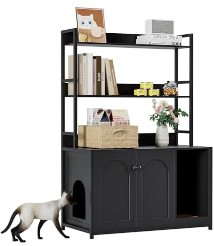 Aptliton Cat Litter Box Enclosure Hidden Litter Box Furniture Cats Washroom Furniture with 2-Tier Storage Shelves Wooden Pet House Bookshelf End Table, 90x45x132Cm