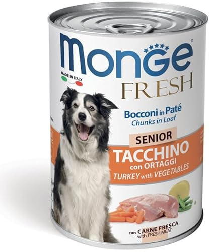 MONGE Cane Fresh Bocconi in Paté con Tacchino e Ortaggi – Senior | alimento umido in paté e bocconi per cani anziani di tutte le taglie, senza conservanti, Made in Italy, 6 confezioni da 400 grammi.
