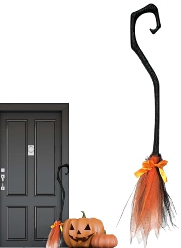 Escoba de de Halloween para niños de 37 Pulgadas, Accesorio Aterrador Negro con Cinta Decorativa, decoración portátil de Patio al Aire Libre, decoración Colgante de Pared Interior | para Pared