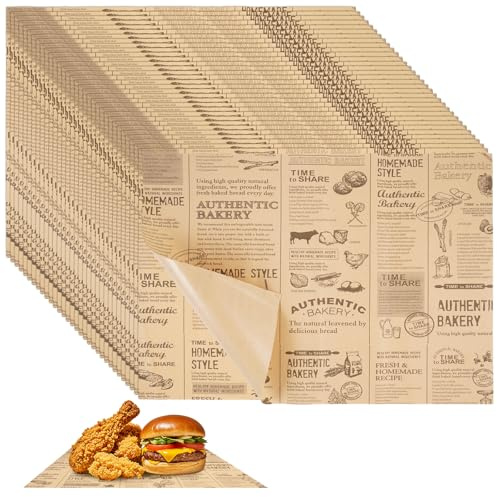 Papel Encerado para Alimentos, 150 Piezas, 25 x 35 cm | Aspecto de Periódico, Papel de Horno Reutilizable, Para Queso, Sándwiches, Panes, Papas Fritas, Hamburguesas, Pasteles
