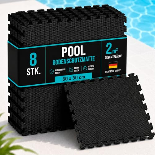 poolomio® Bodenschutzmatte Pool 50x50 cm 8 Stück – rutschfest, Eva, grau | Poolunterlage & Schutzmatte für Aufstellpool, wasserdurchlässig, isolierend, einfach steckbar, für Innen & Außen, langlebig