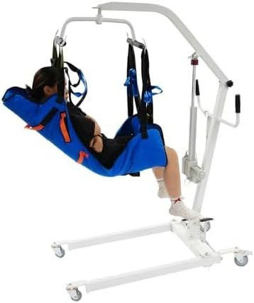 Electric Patient Lift, Mobile Ceiling Hoist with Nylon Sling, Emergency Descent, Adjustable Base 60-110cm, 150kg Capacity for Lifting Elderly in Home and Care Facilities