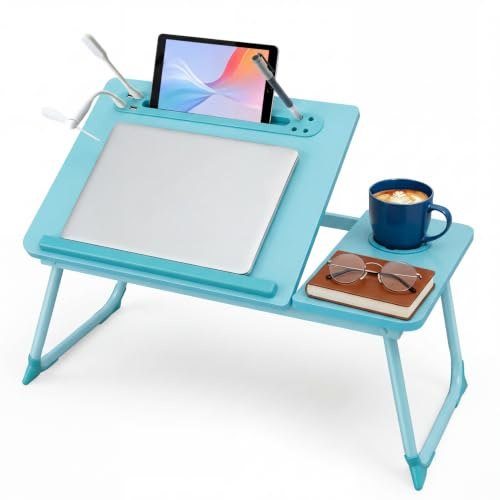 Warmiehomy Laptop Table with USB Ports, Small Fan and Light, Blue | Adjustable Bed Table with Cup Holder&Tablet Slot&Pen Slots. Laptop Desk with Legs on Bed or Sofa for Working/Reading.