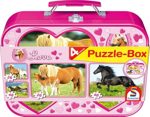 Schmidt Spiele 55588 Pferde, 4 Kinderpuzzle im Metallkoffer, 2x26 und 2x48 Teile