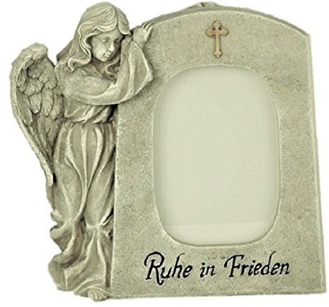 Geschenkestadl Grabschmuck Engel neben Trauerstein mit Foto Fenster und Aufschrift Ruhe in Frieden Grabdekoration