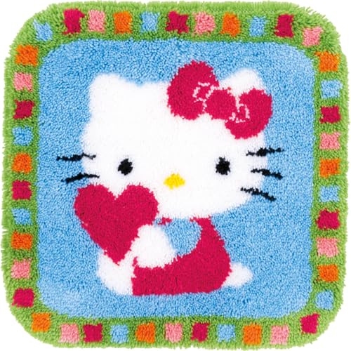 Vervaco Knüpfteppich Set DIY Handarbeit Set Knüpfset für Anfänger HELLO KITTY Teppich zum Selber Knüpfen Basteln Erwachsene Kreativ Set 55 x 56 cm Latch Hook Kit Knüpfhaken Set Haus Dekoration