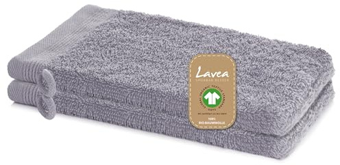 Lavea® 2 Guanti da Bagno 16 x 22 cm cm in Spugna di Cotone Bio 100% Morbidi e Assorbenti, per Casa Hotel Spa – Manopola da Bagno con Gancetto – Grigio chiaro