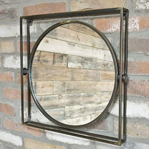 Darthome Industrial Round Mirror Square Metal Frame 49 x 47 x 6 cm Wall Mounted Distressed Fireplace Decor