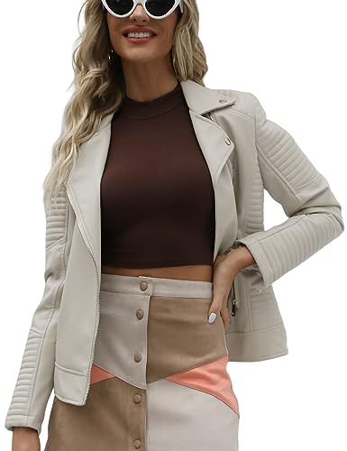Giolshon Giacca da Donna in Similpelle da Motocicletta Primaverile e Autunnale Giacca Casual Corta G53 Beige XXL