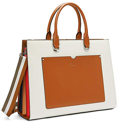 CLUCI Aktentasche für Damen, veganes Leder, 39,6 cm (15,6 Zoll), große Tasche, Business-Damen-Schultertasche, Beige mit Braun, Large, Stilvoll