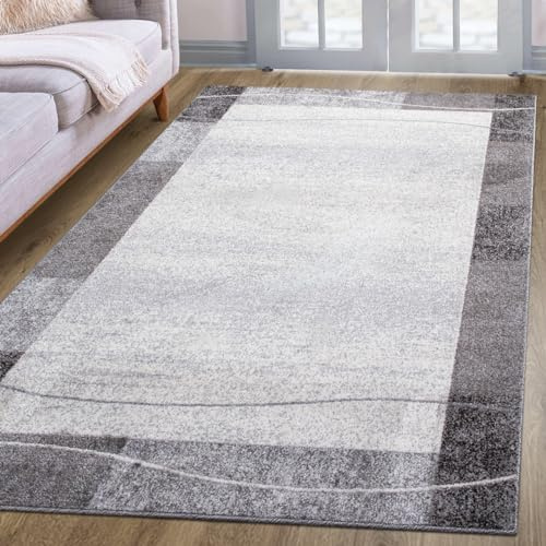 oKu-Tex Teppich Wohnzimmerteppich [80x150 cm] weicher Kurzflor hellgrau - Hellgrauer Teppich für das Wohnzimmer - Carpet Living Room - Modernes Bordüren Design - Deutsche Marke