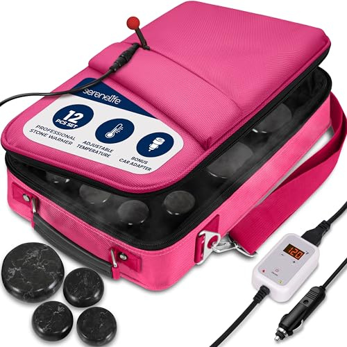 SereneLife Pietre per Massaggio Hot Stone con Scaldapietre, Rosa | Kit Massaggio Basalto 12 Pietre | Custodia Portatile 220-230V | Controllo Digitale Tempo e Temperatura