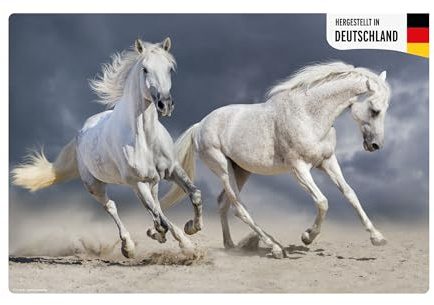 Sous-main de bureau pour enfants et adultes – « Chevaux galopants - Blanc moisi » - En vinyle durable de qualité supérieure (plastique sans BPA) - 60 x 40 cm - Fabriqué en Allemagne
